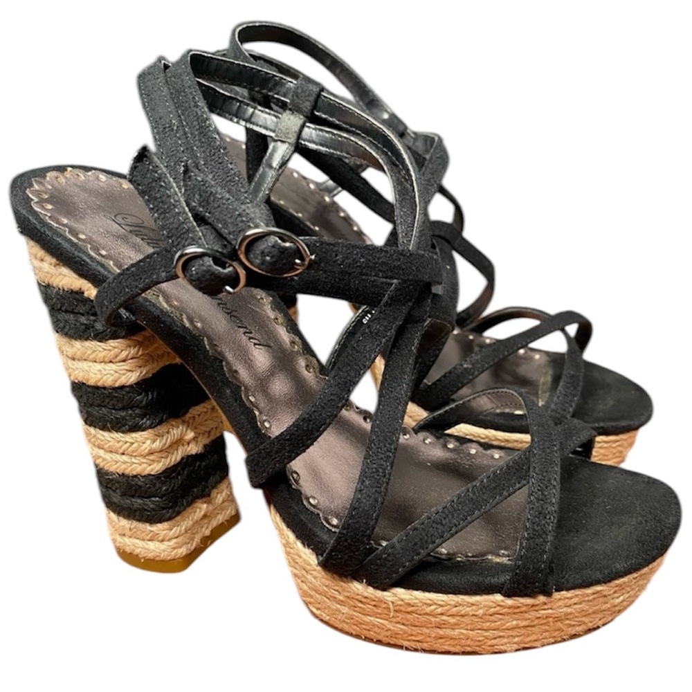 Vintage LULU TOWNSEND Women’s Sz 6 Black Strappy 5” Heel Sandals Platform - EUC
